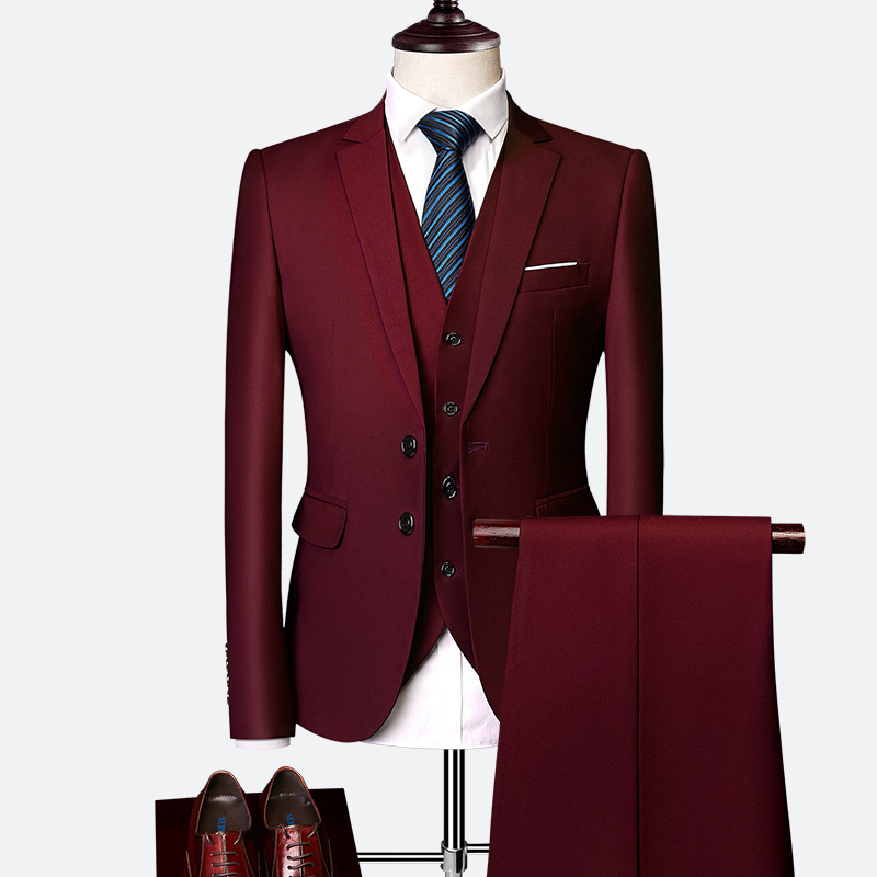 Men's Business Solid Single Breasted Pocket Lapel Collar Lapel Blazer & Vest & Pants 3Pcs Set