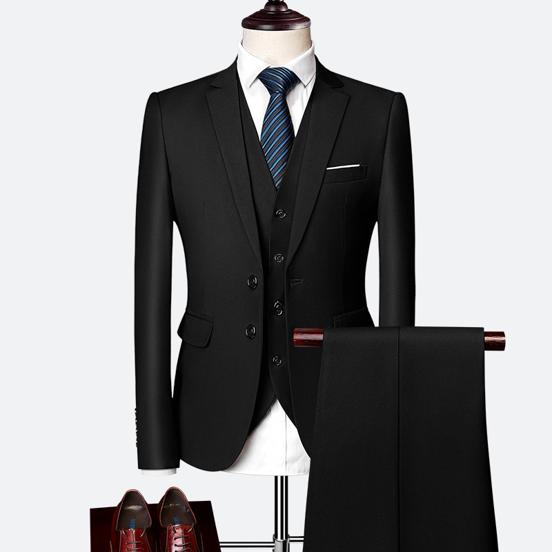 Men's Business Solid Single Breasted Pocket Lapel Collar Lapel Blazer & Vest & Pants 3Pcs Set