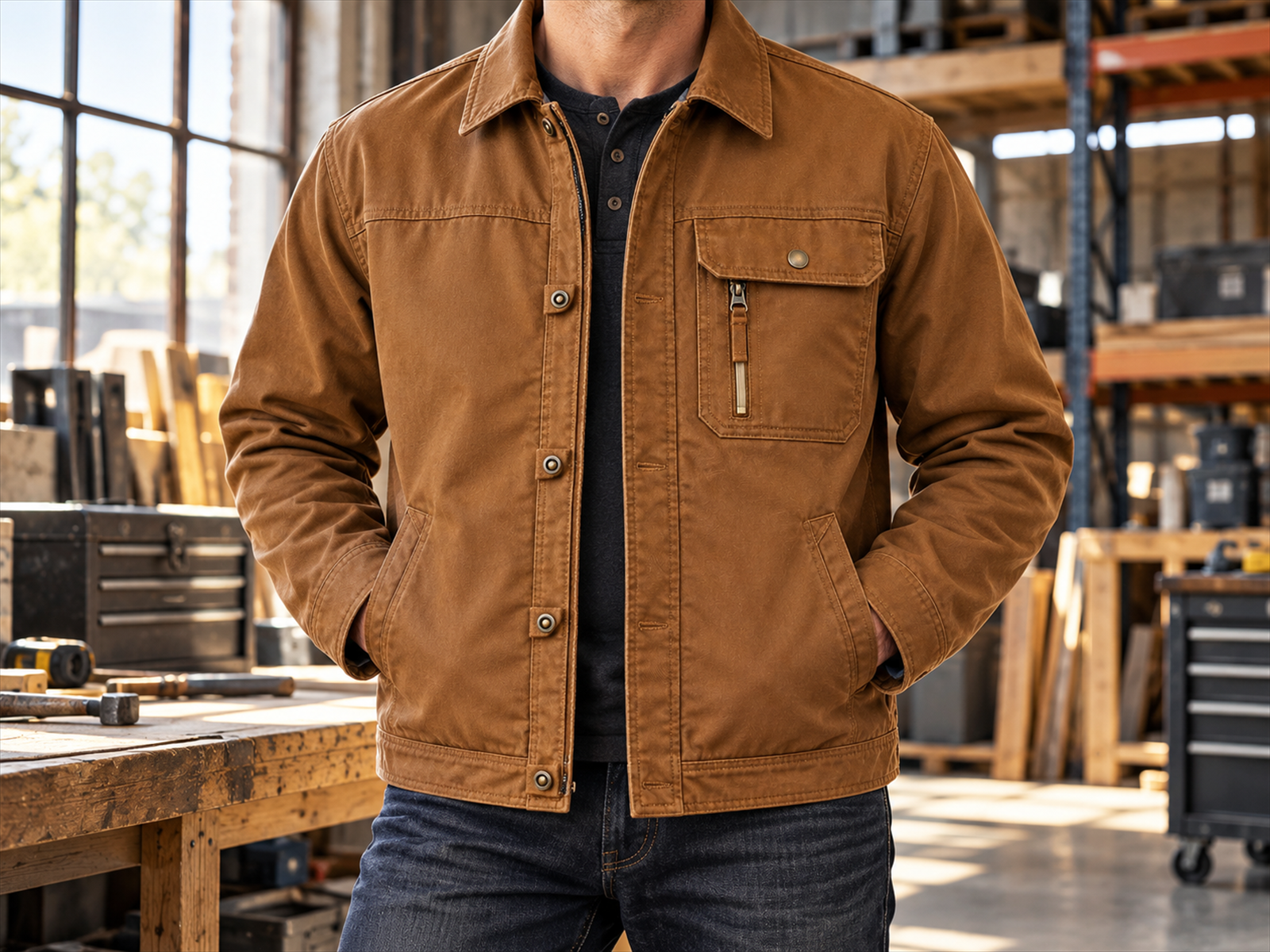 Male model wearing the brown utility jacket