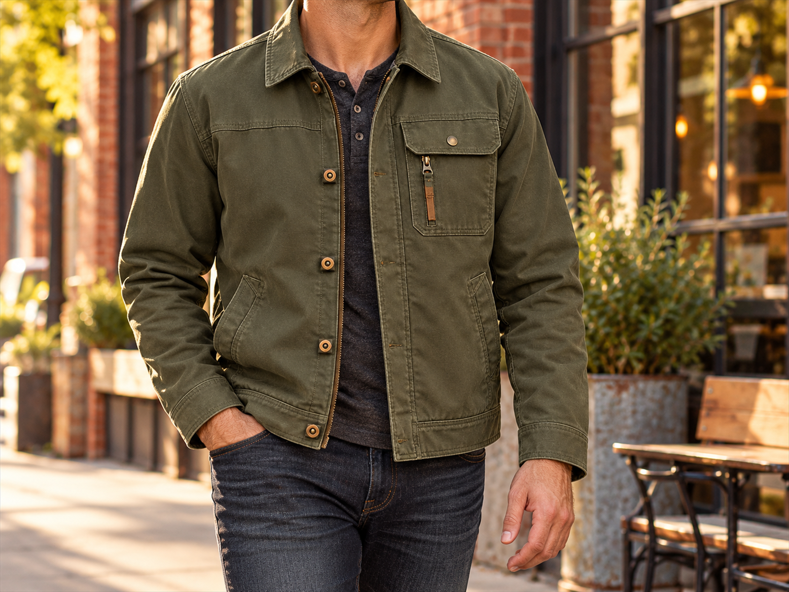 Male model wearing the olive utility jacket in a casual setting