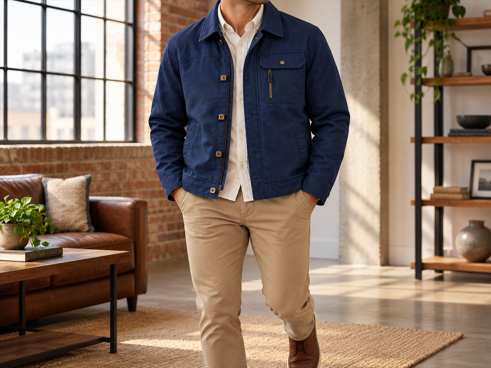 Male model wearing the navy utility jacket in a smart casual outfit
