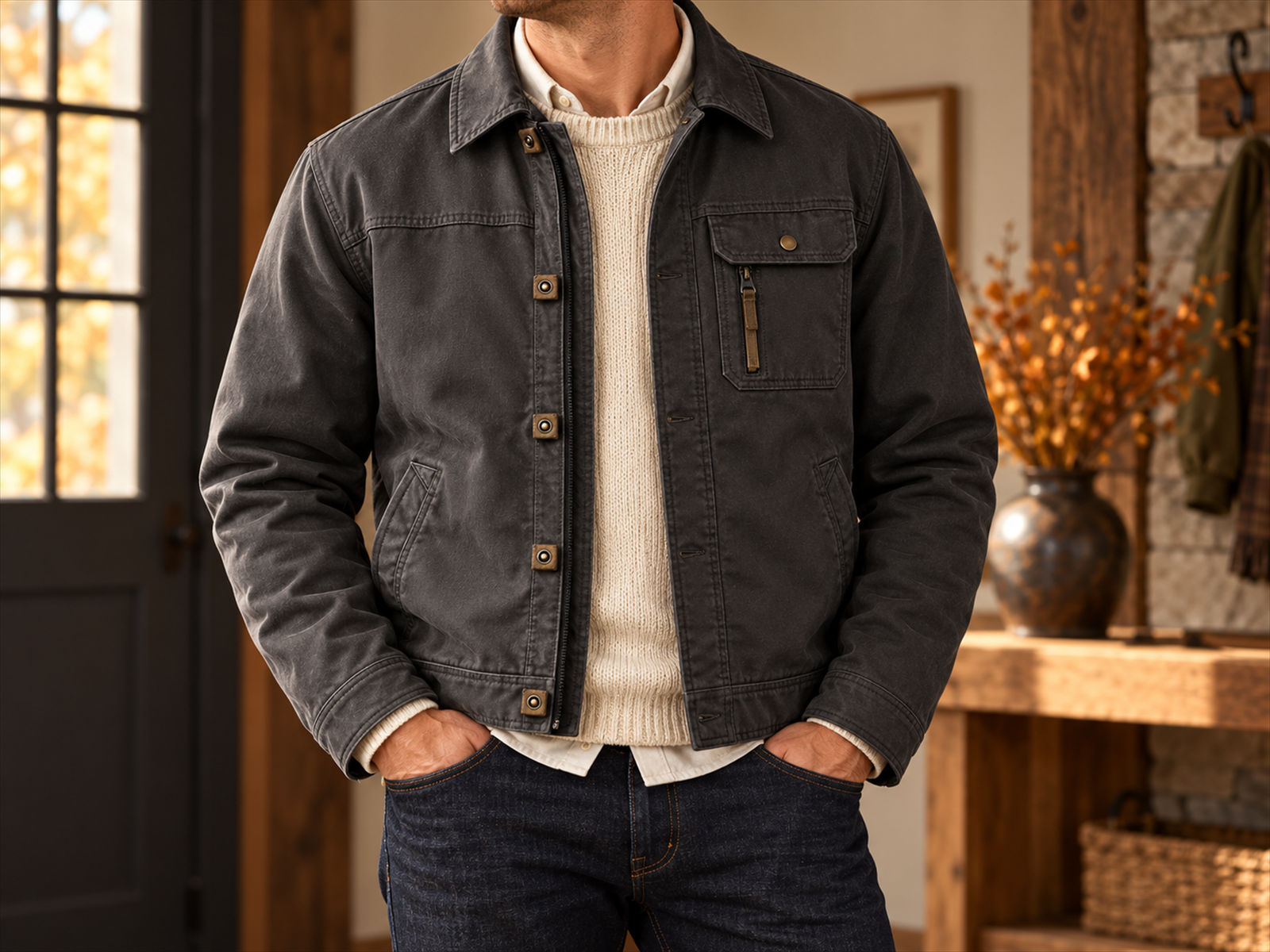 Male model layering the charcoal utility jacket