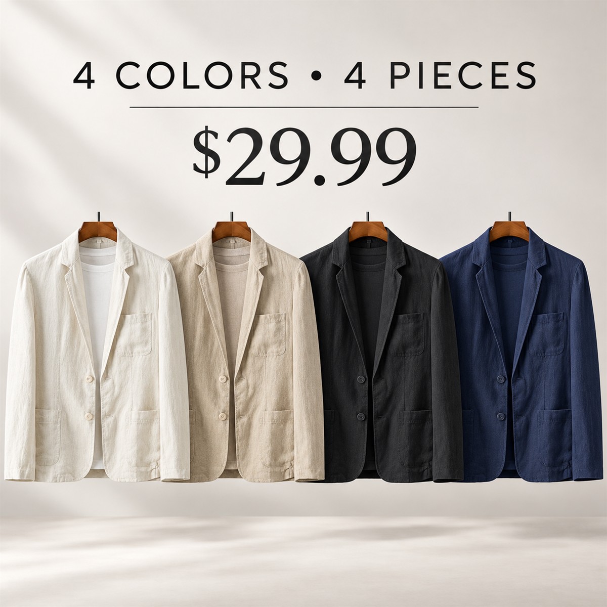 Men's Lightweight Casual Blazer Multipack - 4-Piece Mix A: Ivory / Beige / Black / Navy