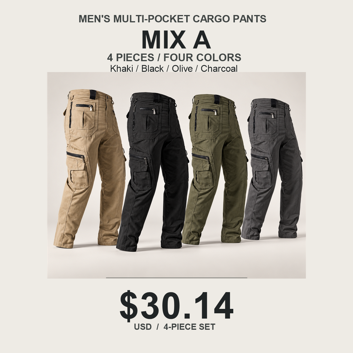 Men's Multi-Pocket Cargo Pants Multipack - 4-Piece Mix A: Khaki / Black / Olive / Charcoal