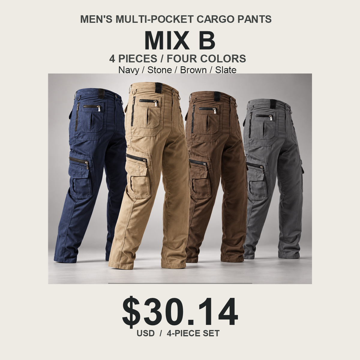 Men's Multi-Pocket Cargo Pants Multipack - 4-Piece Mix B: Navy / Stone / Brown / Slate