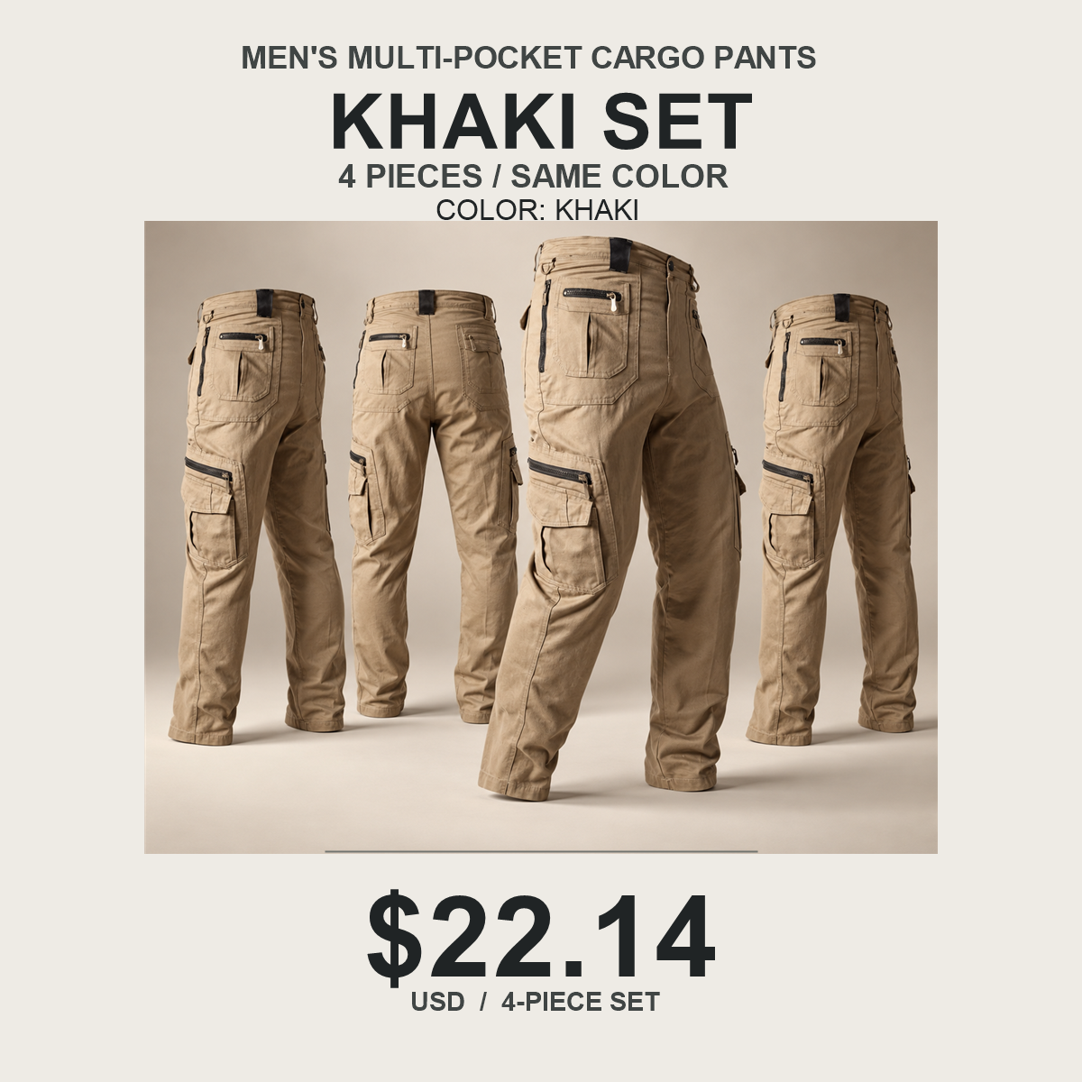 Men's Multi-Pocket Cargo Pants Multipack - 4-Piece Khaki Pack