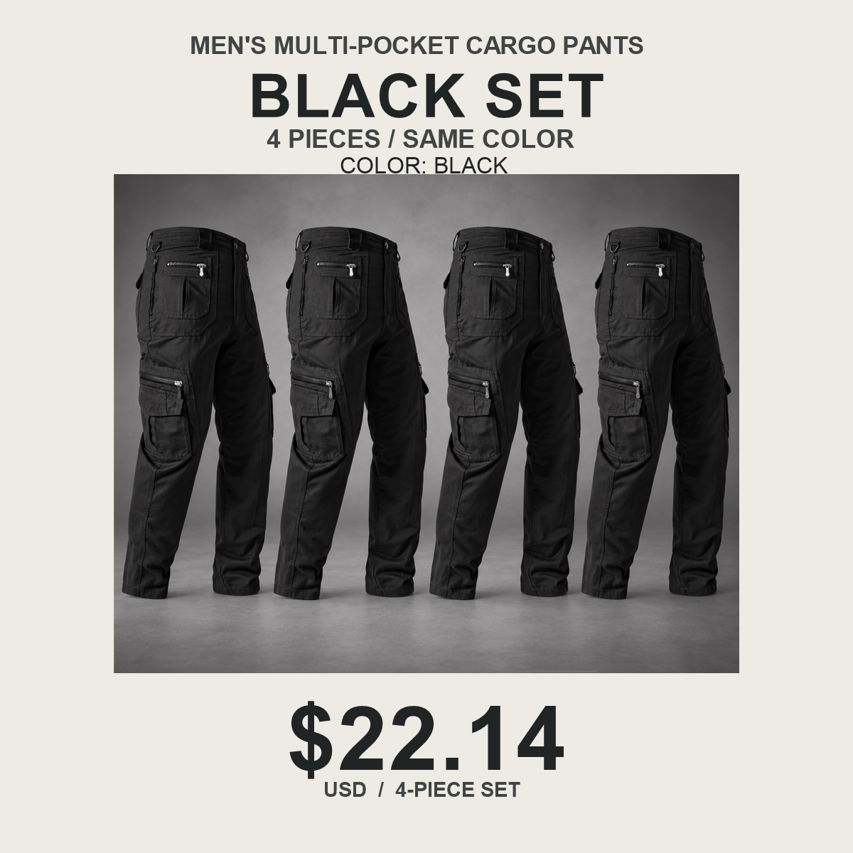 Men's Multi-Pocket Cargo Pants Multipack - 4-Piece Black Pack