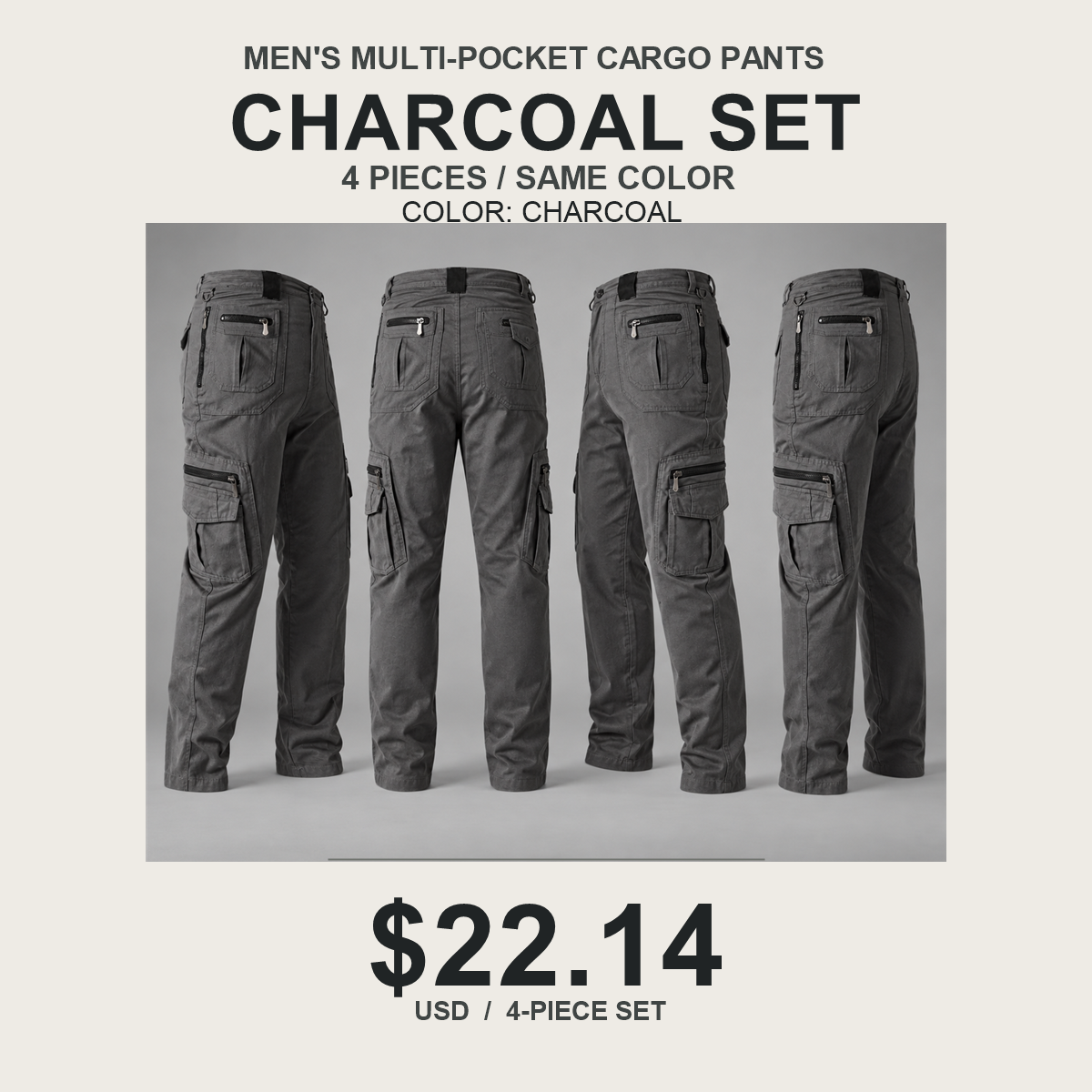 Men's Multi-Pocket Cargo Pants Multipack - 4-Piece Charcoal Pack