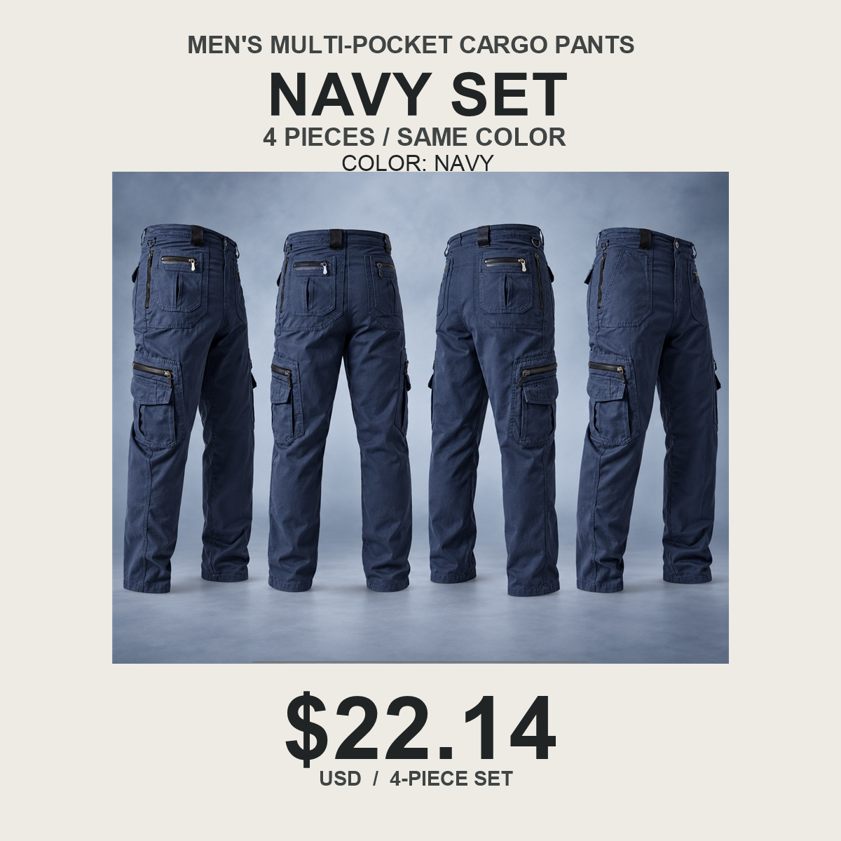 Men's Multi-Pocket Cargo Pants Multipack - 4-Piece Navy Pack