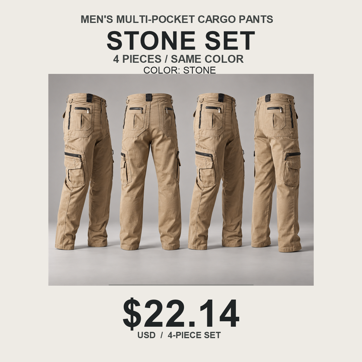 Men's Multi-Pocket Cargo Pants Multipack - 4-Piece Stone Pack