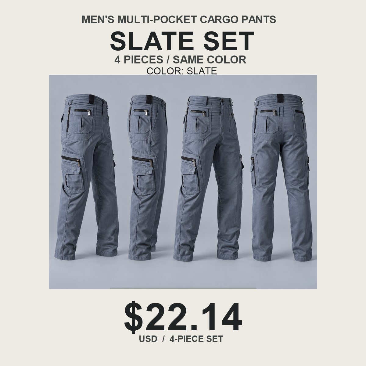 Men's Multi-Pocket Cargo Pants Multipack - 4-Piece Slate Pack