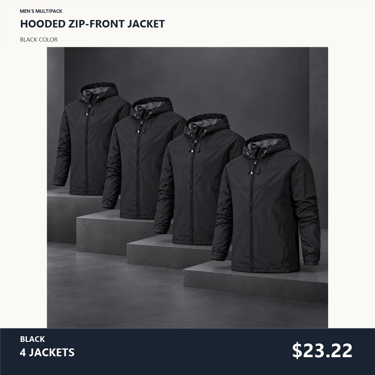 Men's Hooded Zip-Front Jacket Multipack - 4-Piece Black Pack