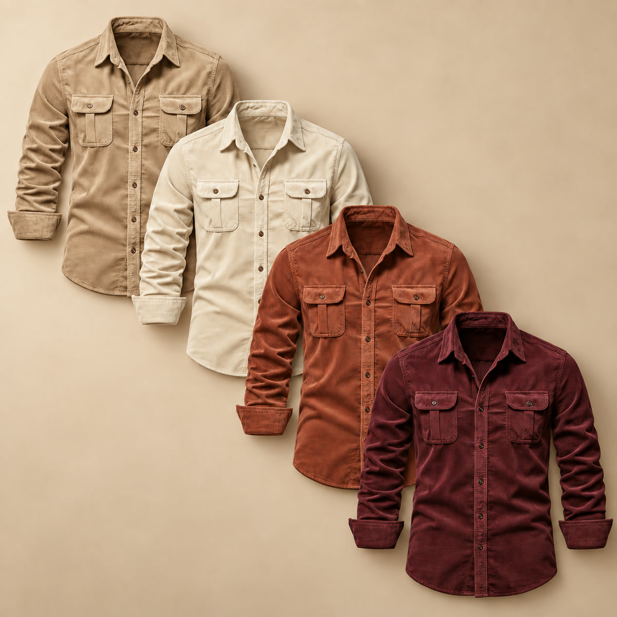 Men's Double-Flap Pocket Button-Up Shirt Multipack - 4-Piece Mix B: khaki / cream / rust / burgundy