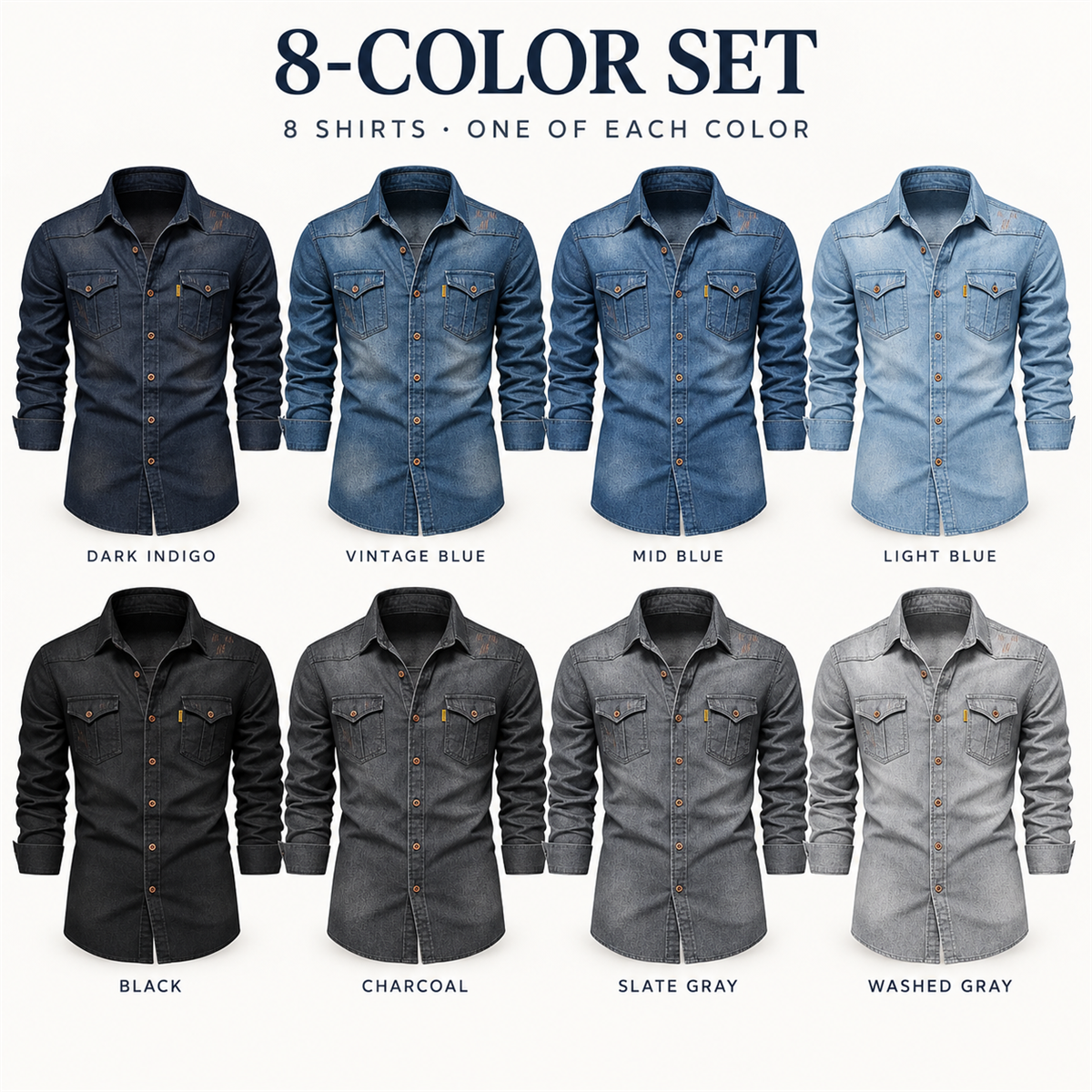 Men's Dark Denim Flap-Pocket Shirt Multipack - 8-Piece All-Color Pack