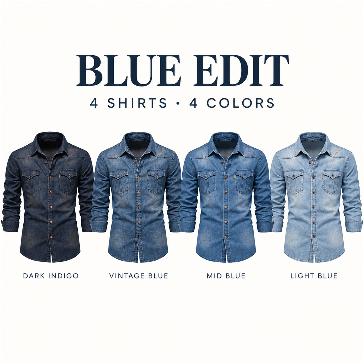 Men's Dark Denim Flap-Pocket Shirt Multipack - 4-Piece Mix A: Dark Indigo / Vintage Blue / Mid Blue / Light Blue