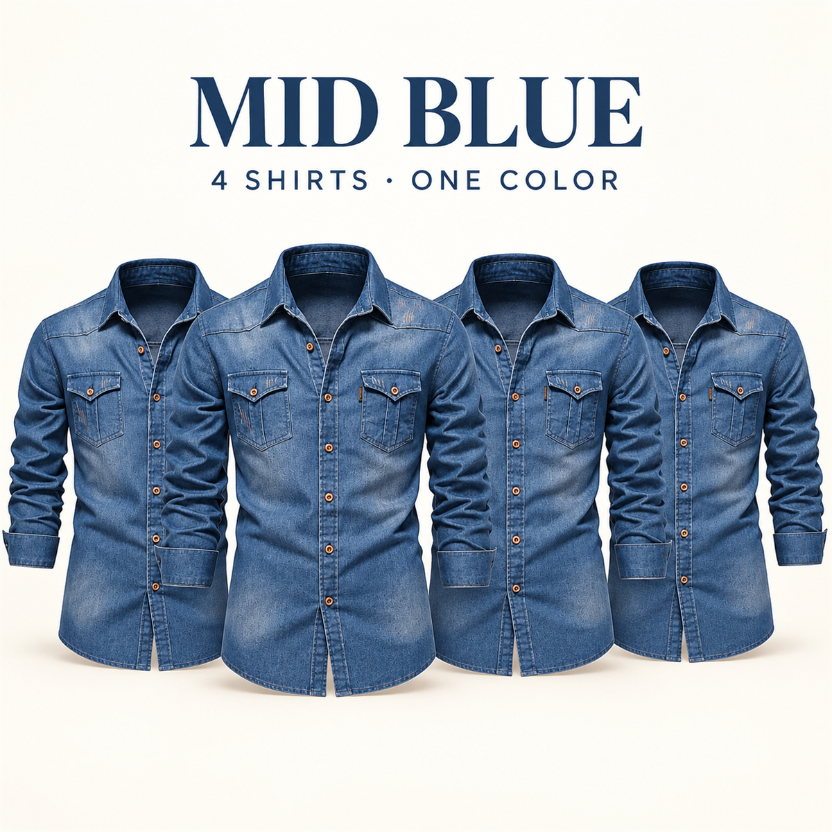 Men's Dark Denim Flap-Pocket Shirt Multipack - 4-Piece Mid Blue Pack