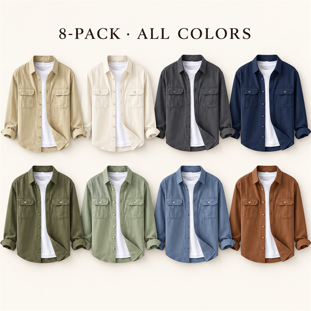 Men's Relaxed Flap-Pocket Overshirt Multipack - 8-Piece All-Color Pack