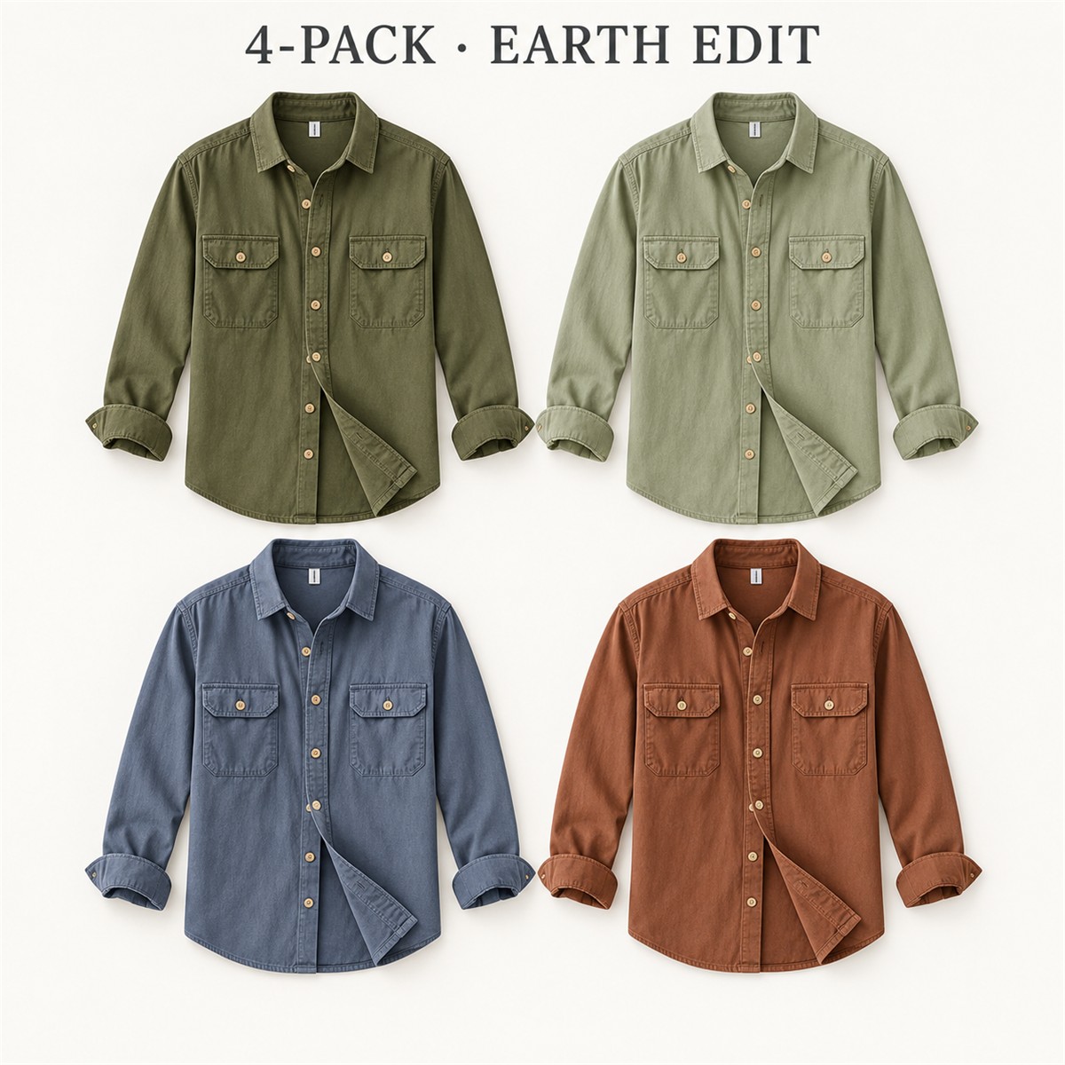 Men's Relaxed Flap-Pocket Overshirt Multipack - 4-Piece Mix B: Olive / Sage / Slate Blue / Rust Brown
