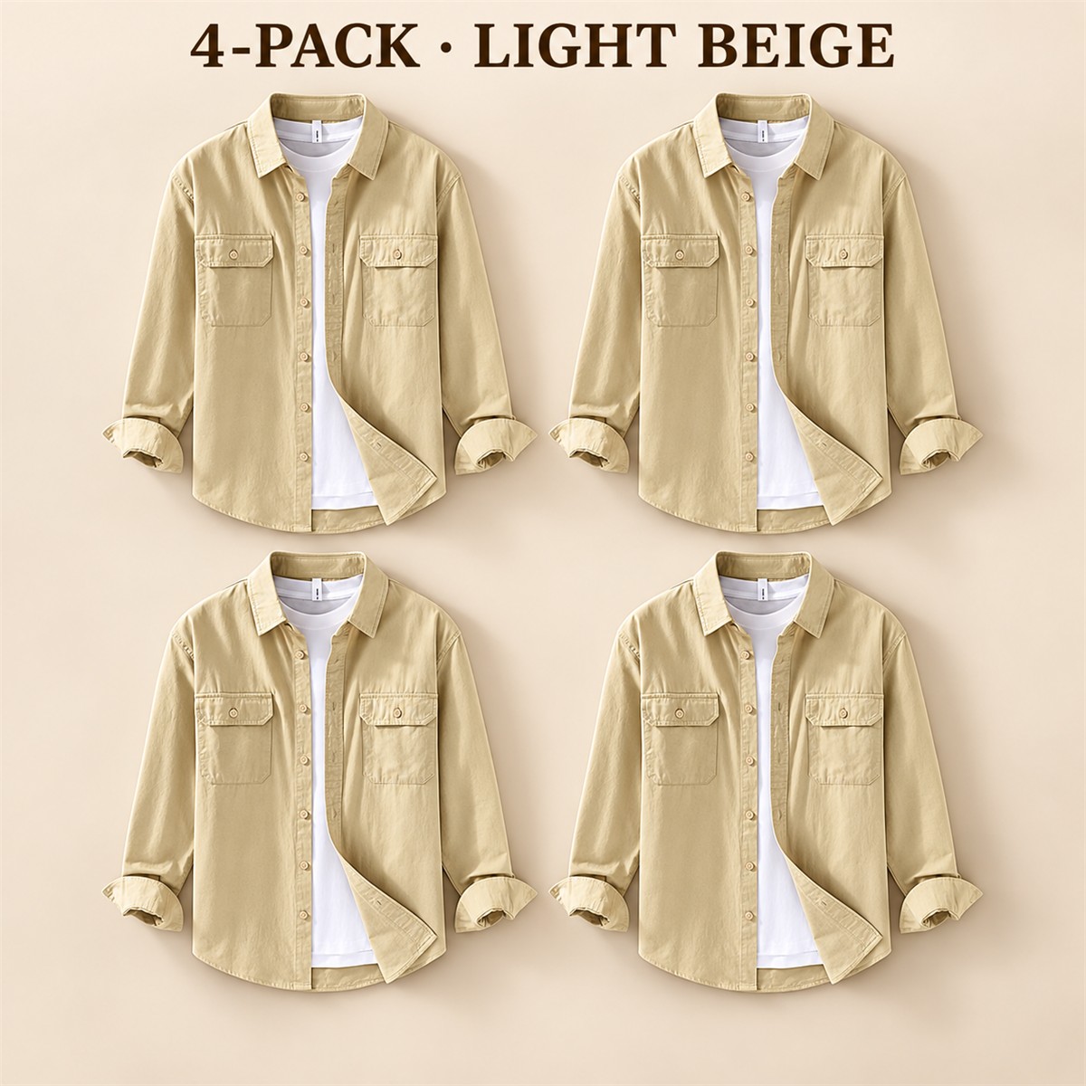 Men's Relaxed Flap-Pocket Overshirt Multipack - 4-Piece Light Beige Pack