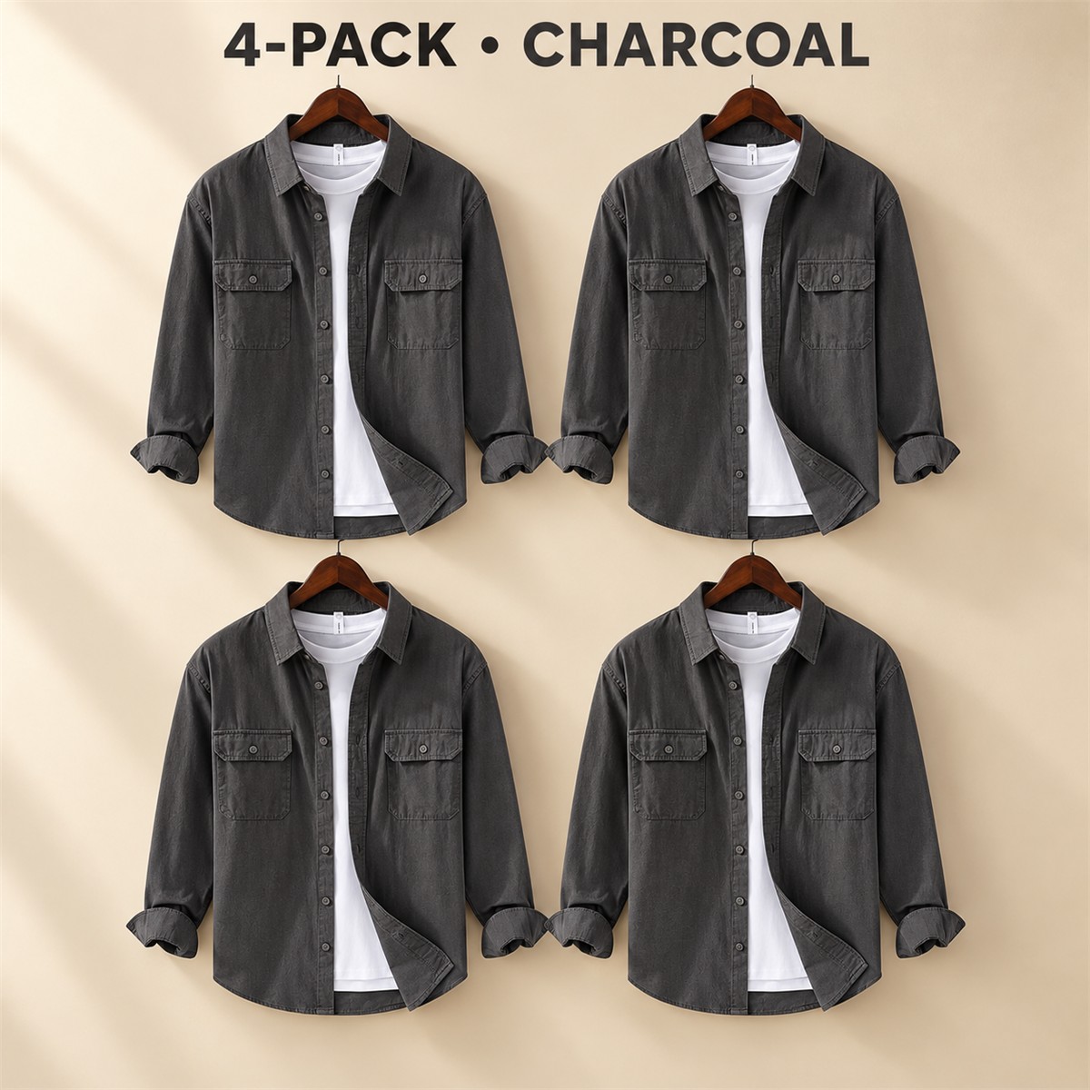 Men's Relaxed Flap-Pocket Overshirt Multipack - 4-Piece Charcoal Pack