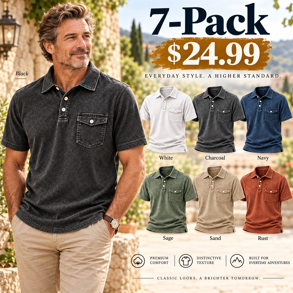 Men's Washed Embossed Polo Shirt with Flap Chest Pocket - 7-Piece Complete Color Collection