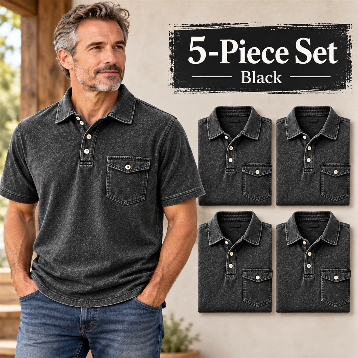 Men's Washed Embossed Polo Shirt with Flap Chest Pocket - 5-Piece Black Set