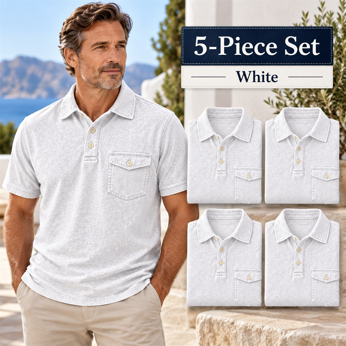 Men's Washed Embossed Polo Shirt with Flap Chest Pocket - 5-Piece White Set