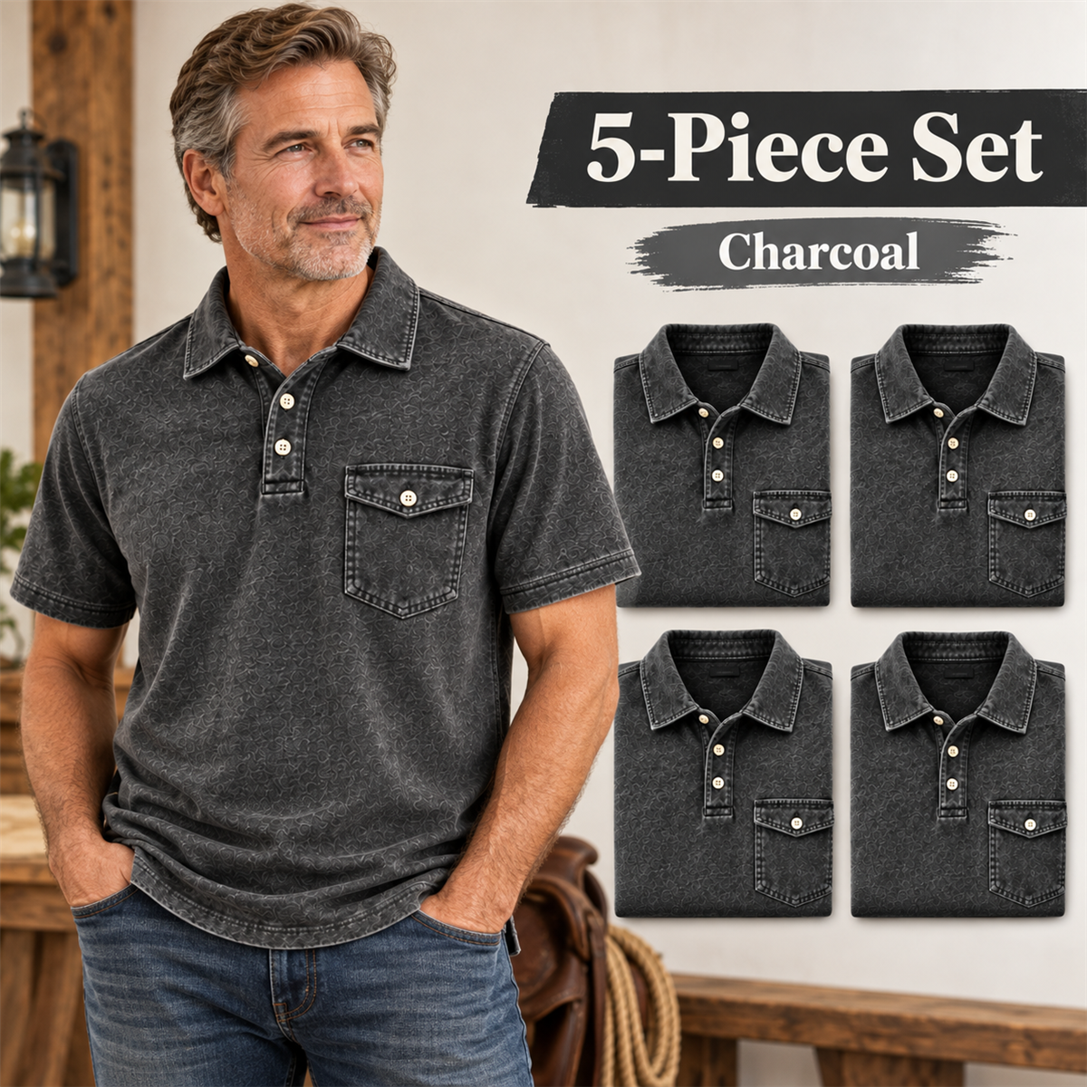 Men's Washed Embossed Polo Shirt with Flap Chest Pocket - 5-Piece Charcoal Set