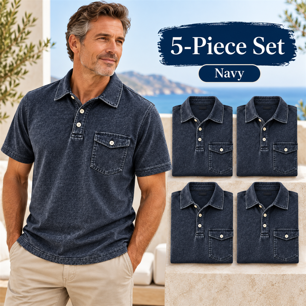 Men's Washed Embossed Polo Shirt with Flap Chest Pocket - 5-Piece Navy Set
