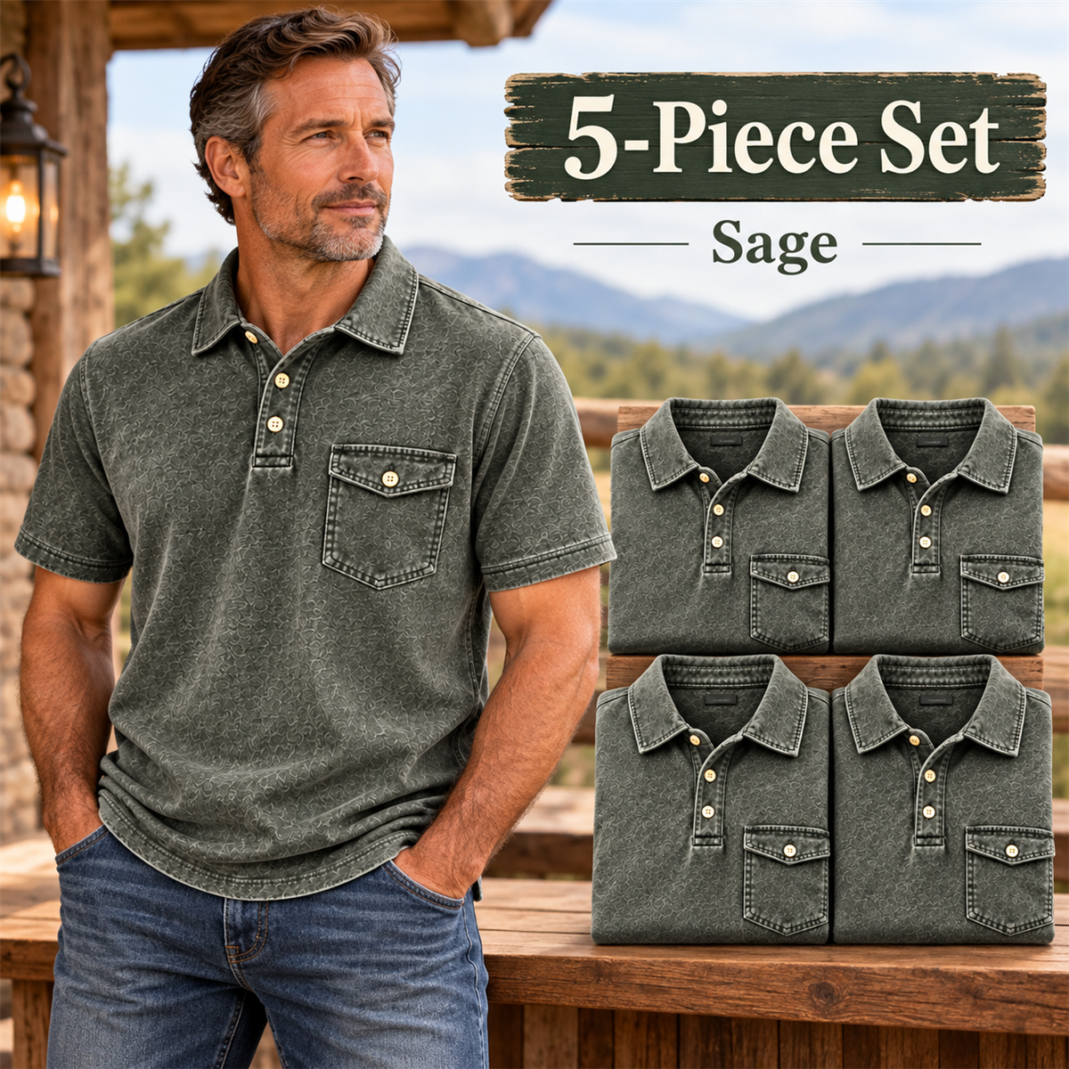 Men's Washed Embossed Polo Shirt with Flap Chest Pocket - 5-Piece Sage Set