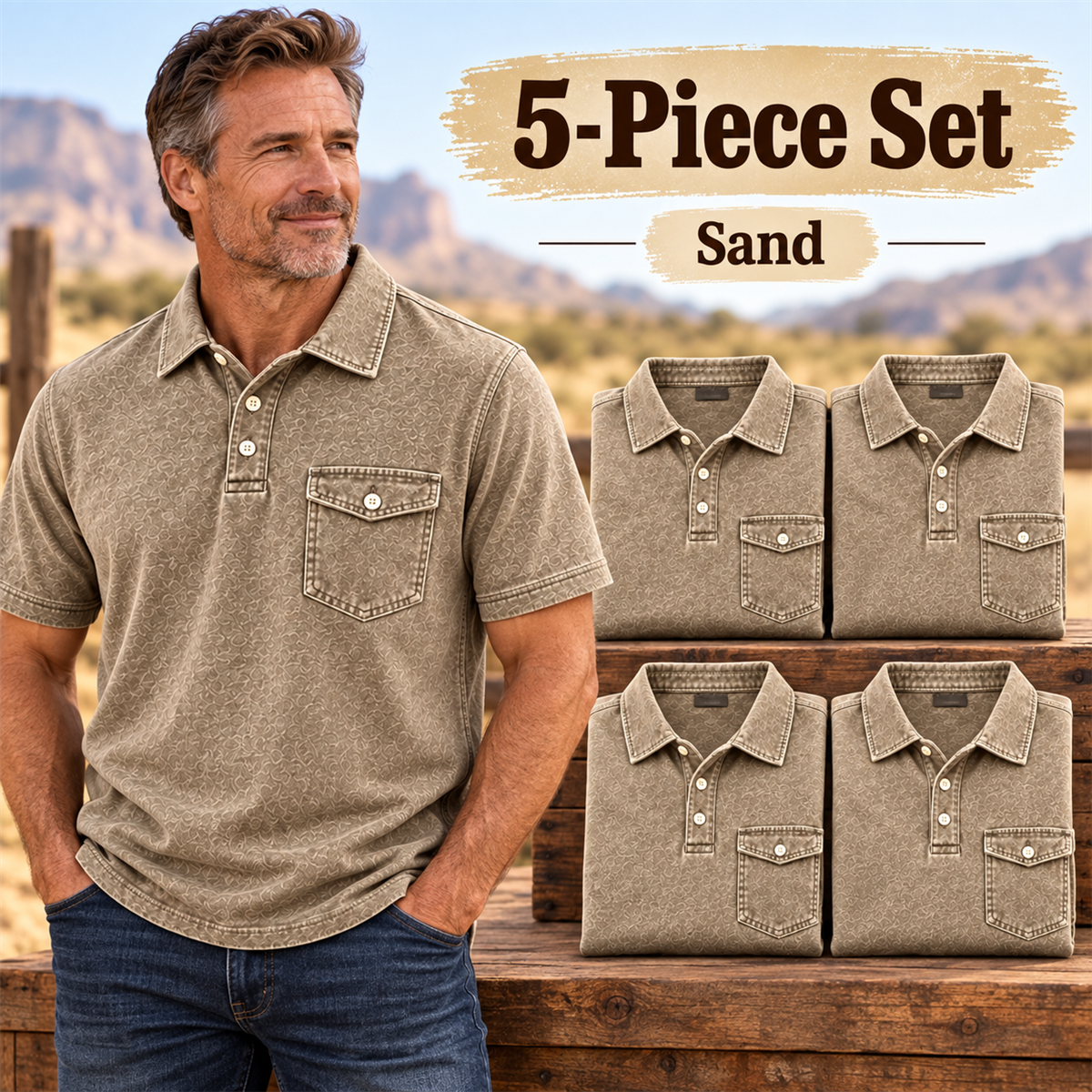 Men's Washed Embossed Polo Shirt with Flap Chest Pocket - 5-Piece Sand Set