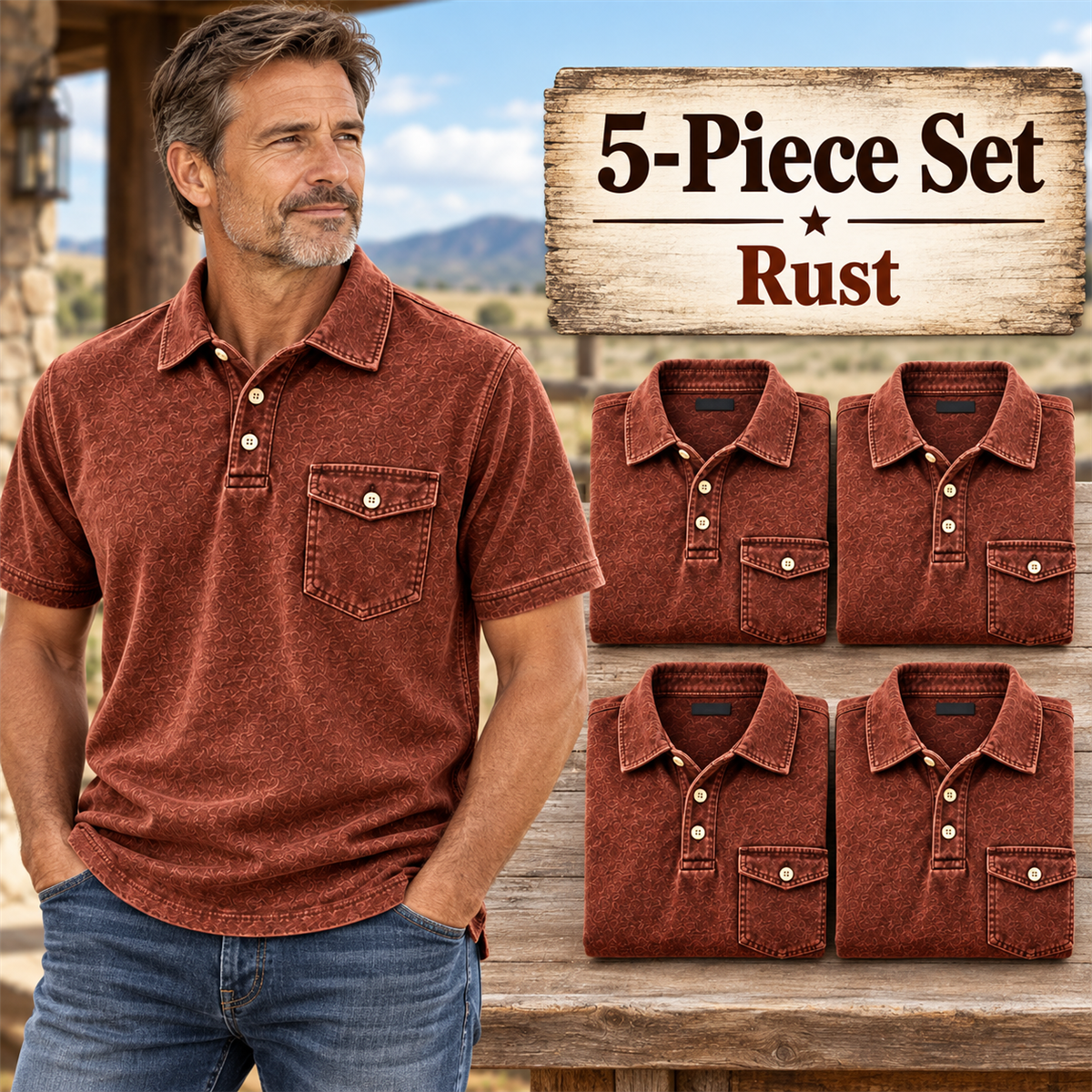 Men's Washed Embossed Polo Shirt with Flap Chest Pocket - 5-Piece Rust Set