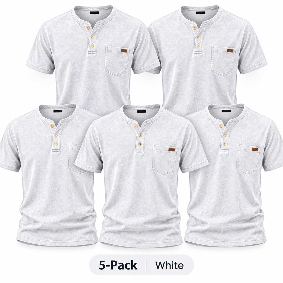 Men's Washed Embossed Henley Shirt with Chest Pocket - 5-Piece White Set