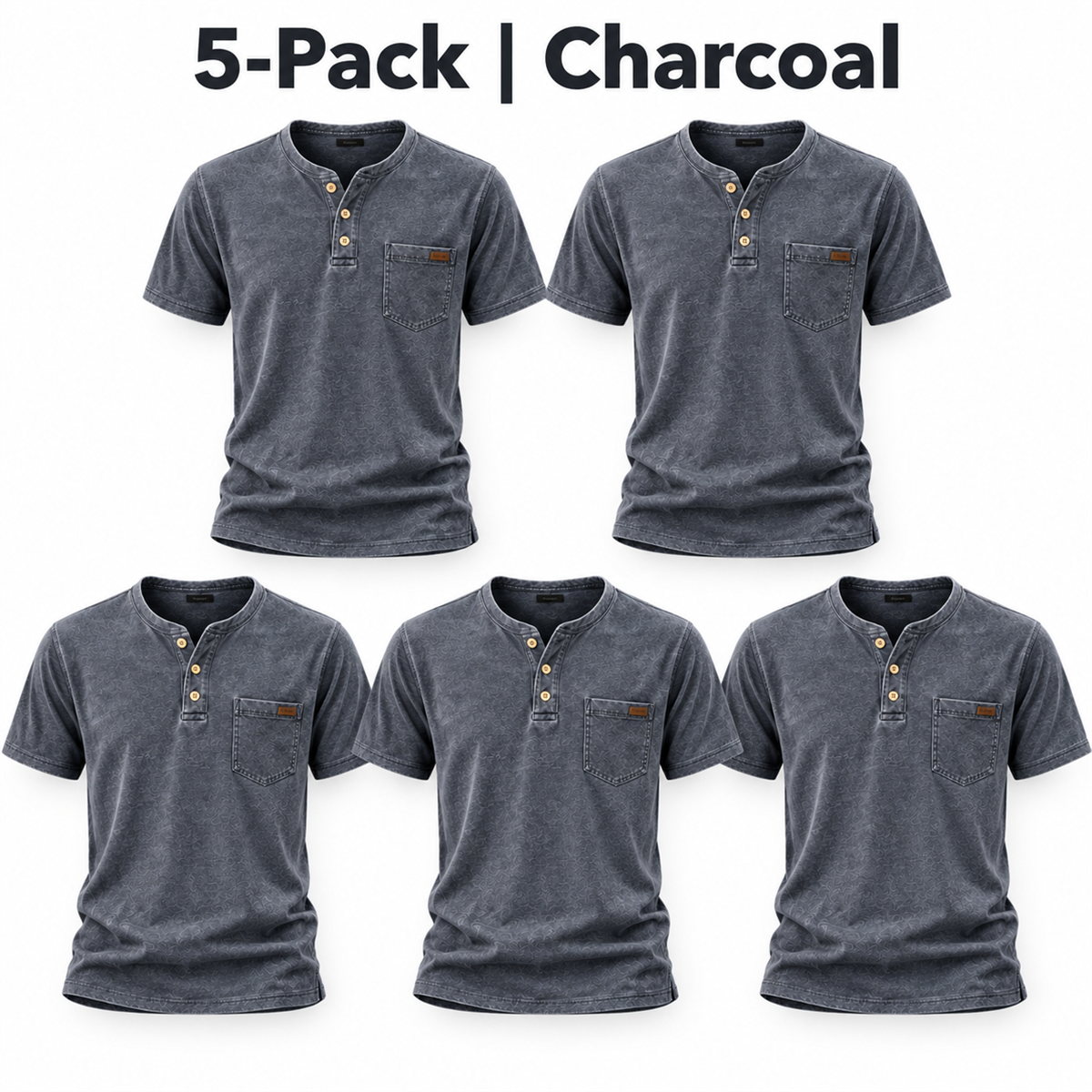 Men's Washed Embossed Henley Shirt with Chest Pocket - 5-Piece Charcoal Set