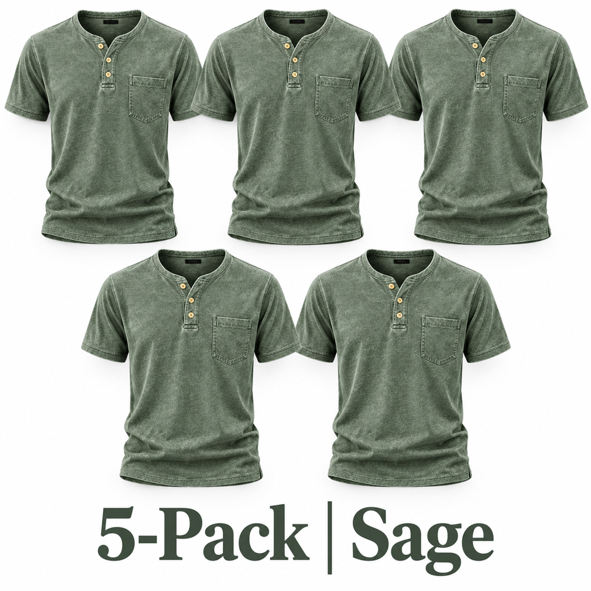 Men's Washed Embossed Henley Shirt with Chest Pocket - 5-Piece Sage Set