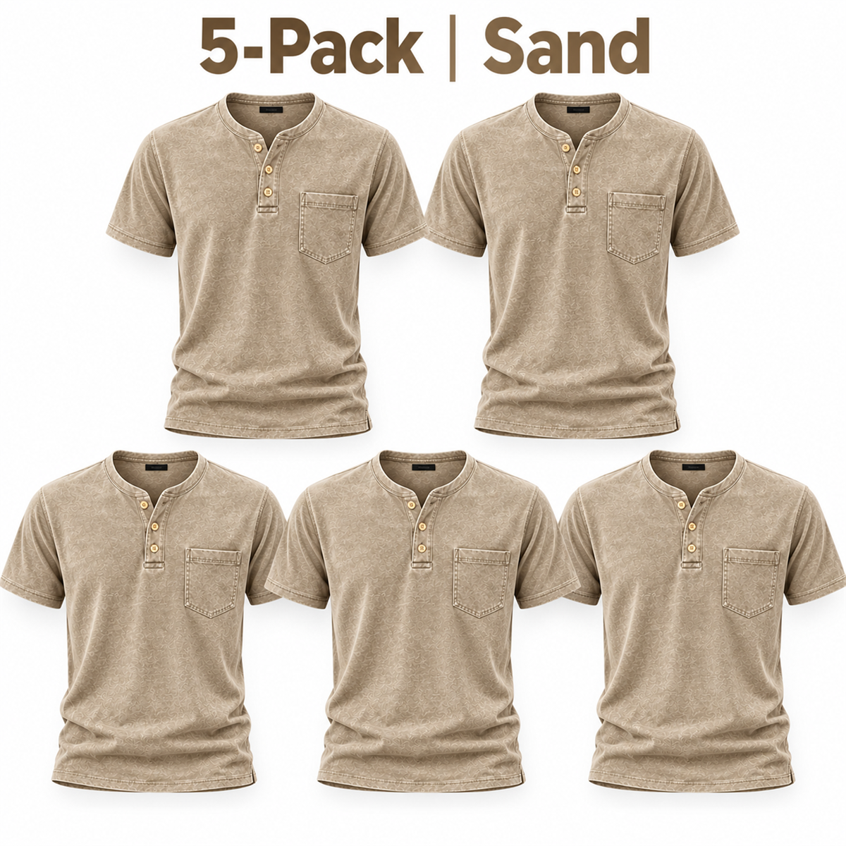 Men's Washed Embossed Henley Shirt with Chest Pocket - 5-Piece Sand Set