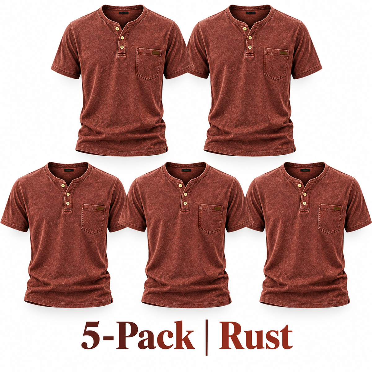 Men's Washed Embossed Henley Shirt with Chest Pocket - 5-Piece Rust Set