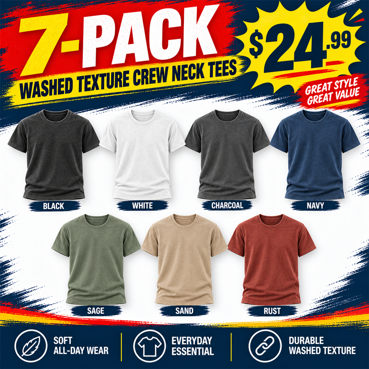Men's Washed Embossed Crew-Neck T-Shirt - 7-Piece Complete Color Collection