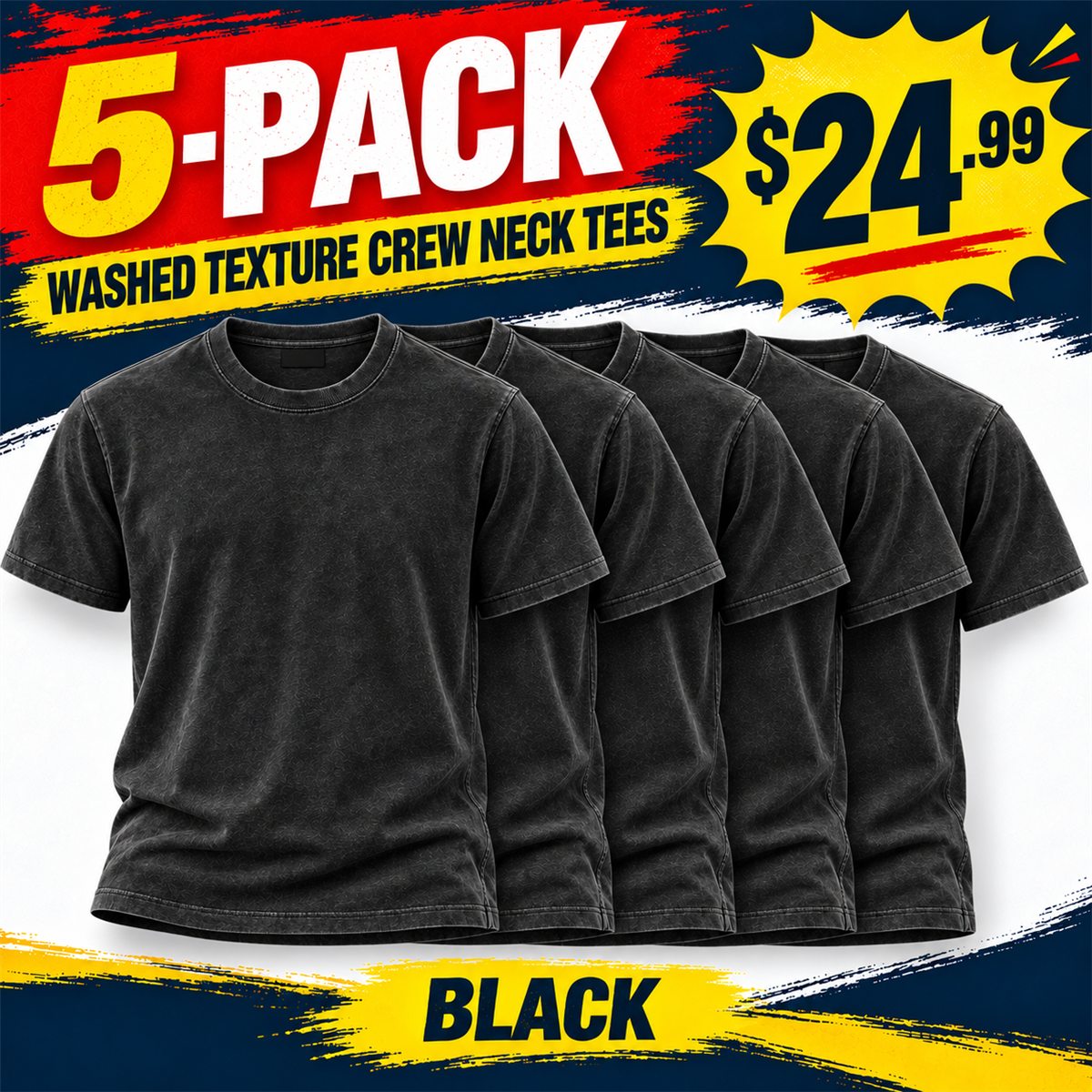 Men's Washed Embossed Crew-Neck T-Shirt - 5-Piece Black Set