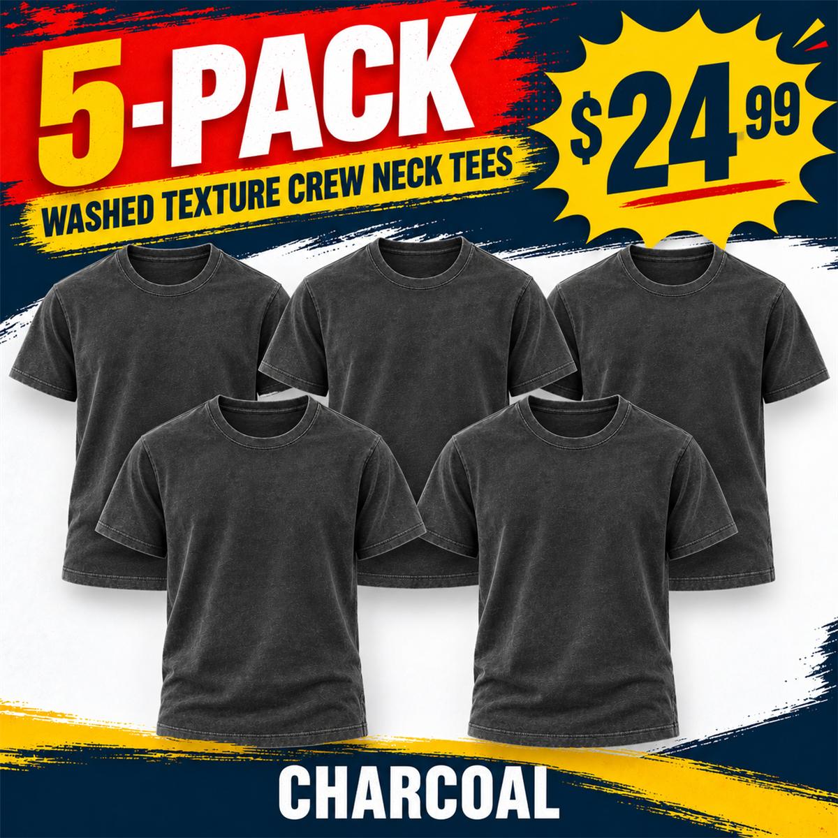Men's Washed Embossed Crew-Neck T-Shirt - 5-Piece Charcoal Set