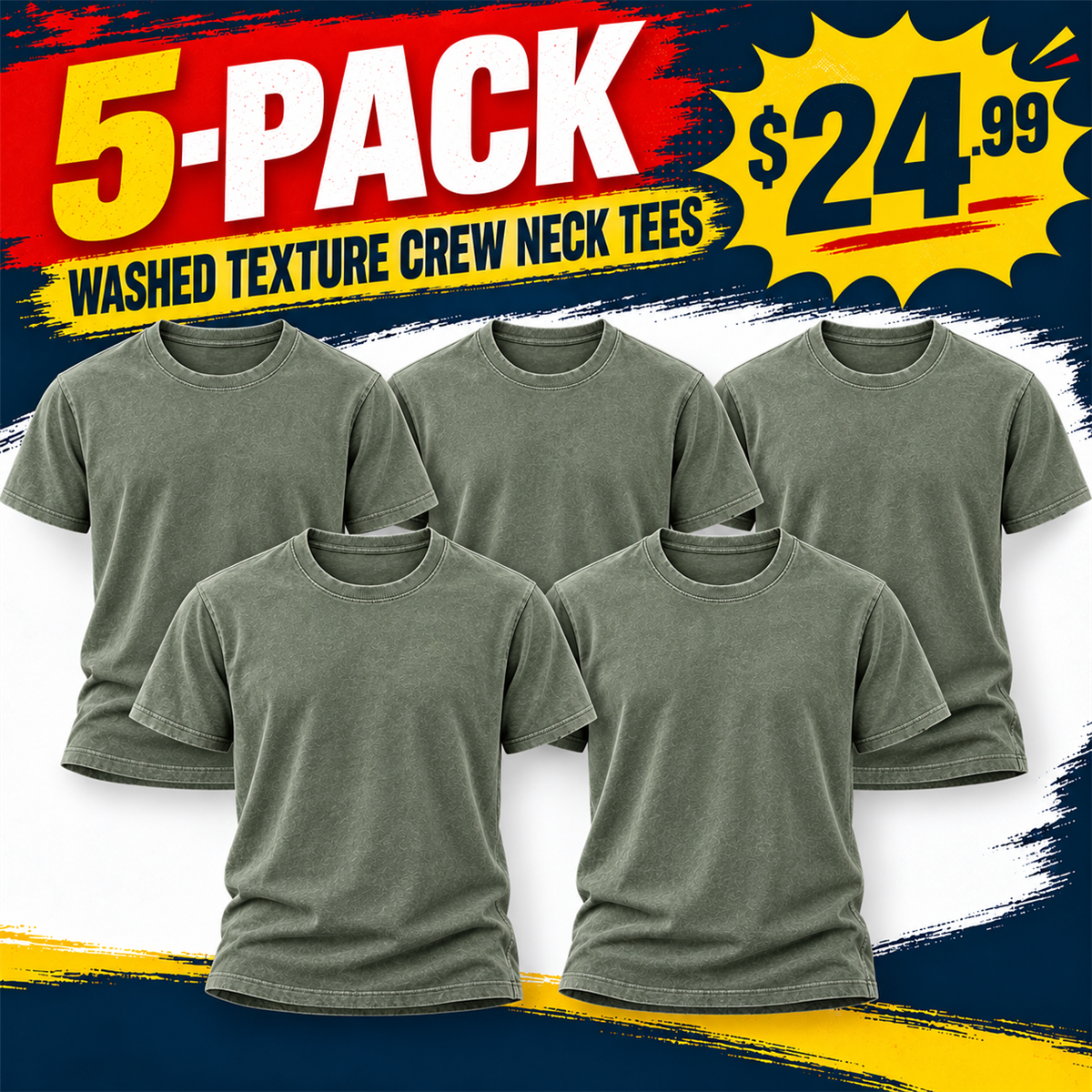 Men's Washed Embossed Crew-Neck T-Shirt - 5-Piece Sage Set