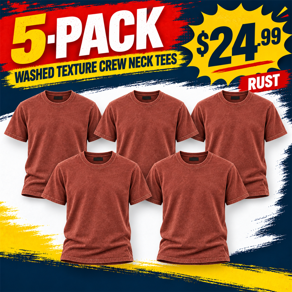 Men's Washed Embossed Crew-Neck T-Shirt - 5-Piece Rust Set