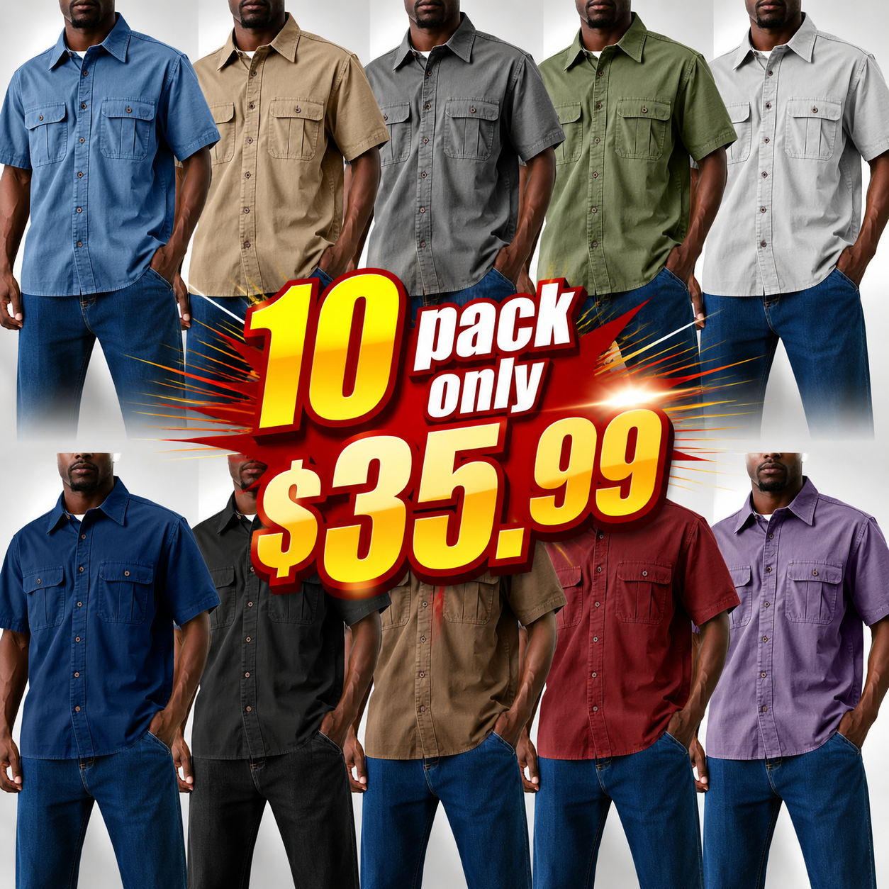 Men's Casual Workwear Double Pocket Solid Color Short-sleeved Shirt