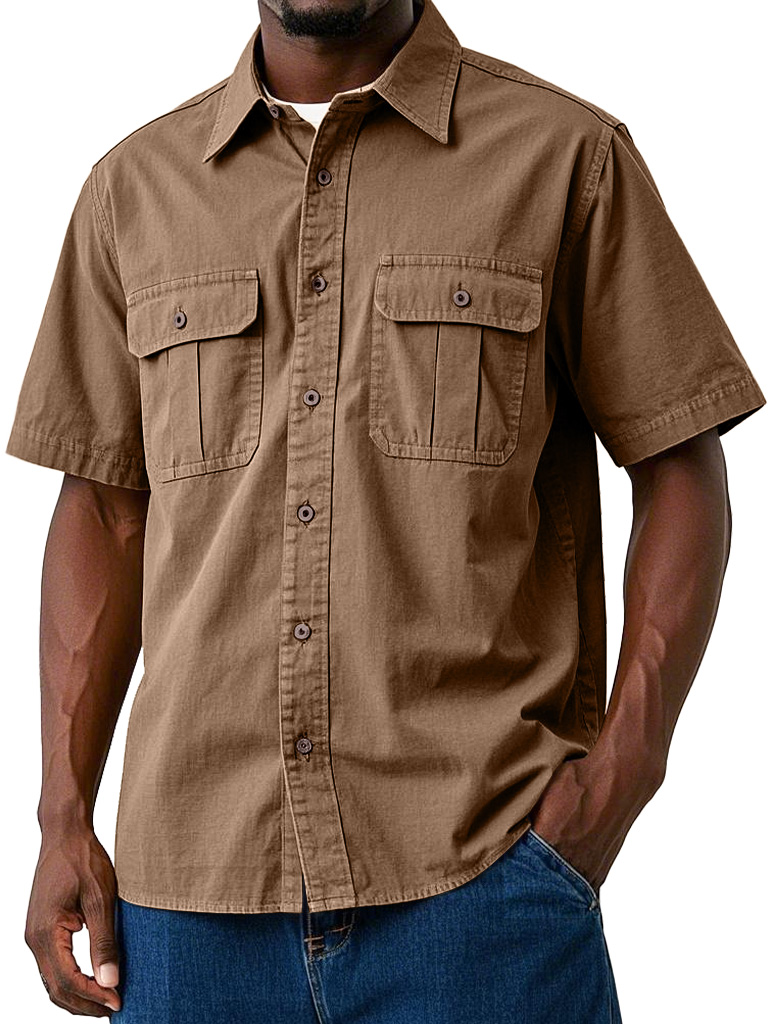 Men's Casual Workwear Double Pocket Solid Color Short-sleeved Shirt