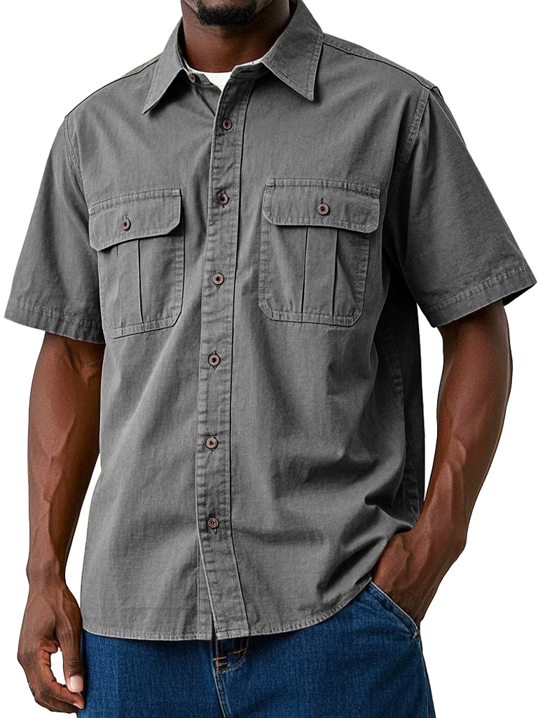 Men's Casual Workwear Double Pocket Solid Color Short-sleeved Shirt