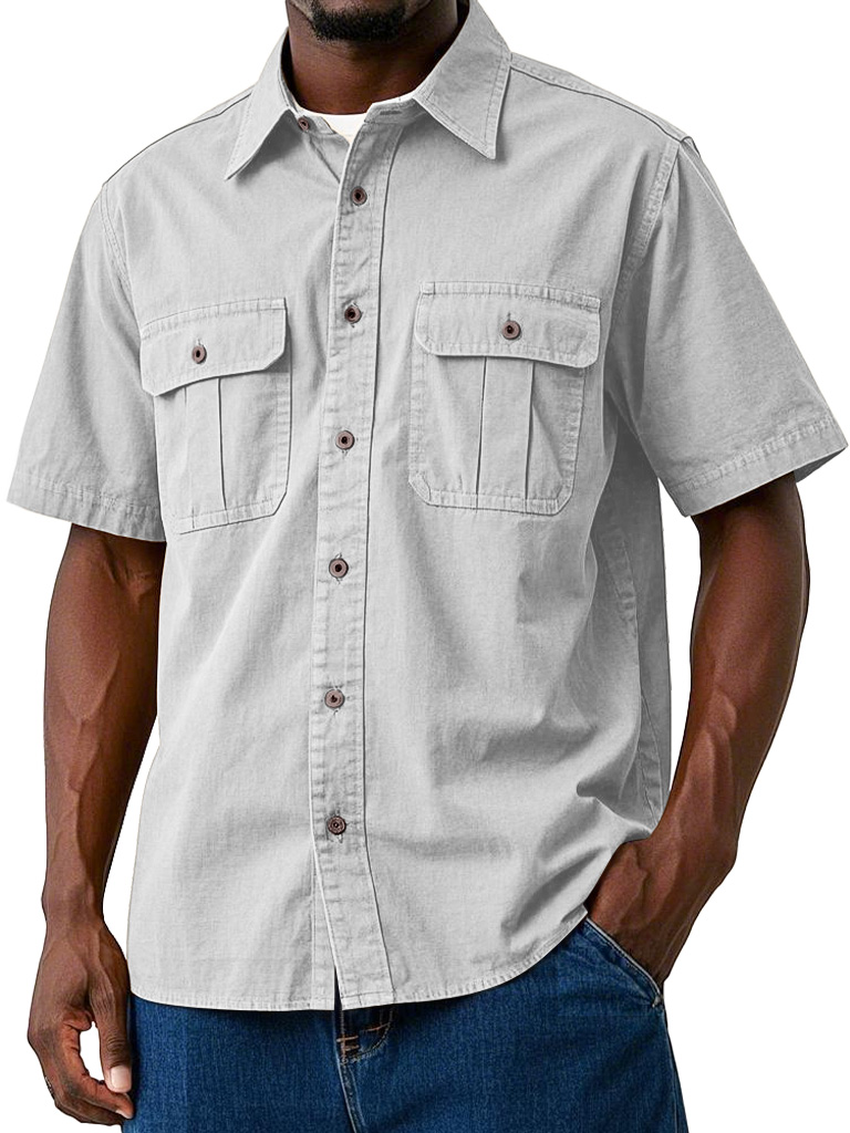 Men's Casual Workwear Double Pocket Solid Color Short-sleeved Shirt
