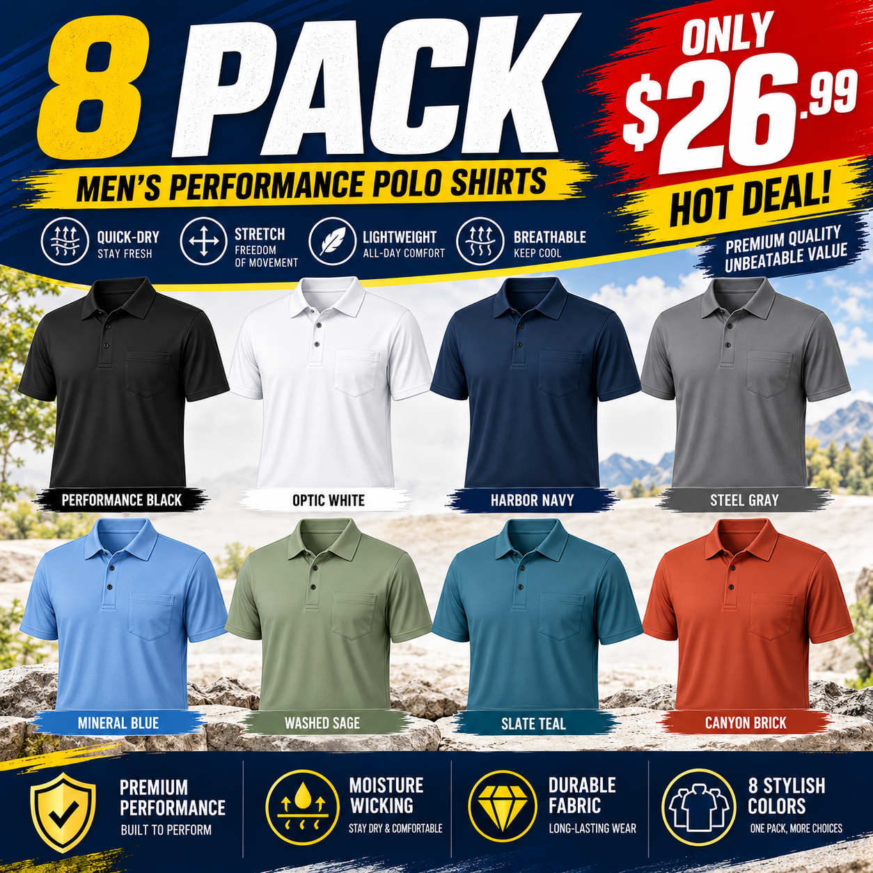 Limited Deal 8-Pack Men's Performance Pocket Polo Shirts, Breathable Stretch 3-Button Short Sleeve Golf Fit