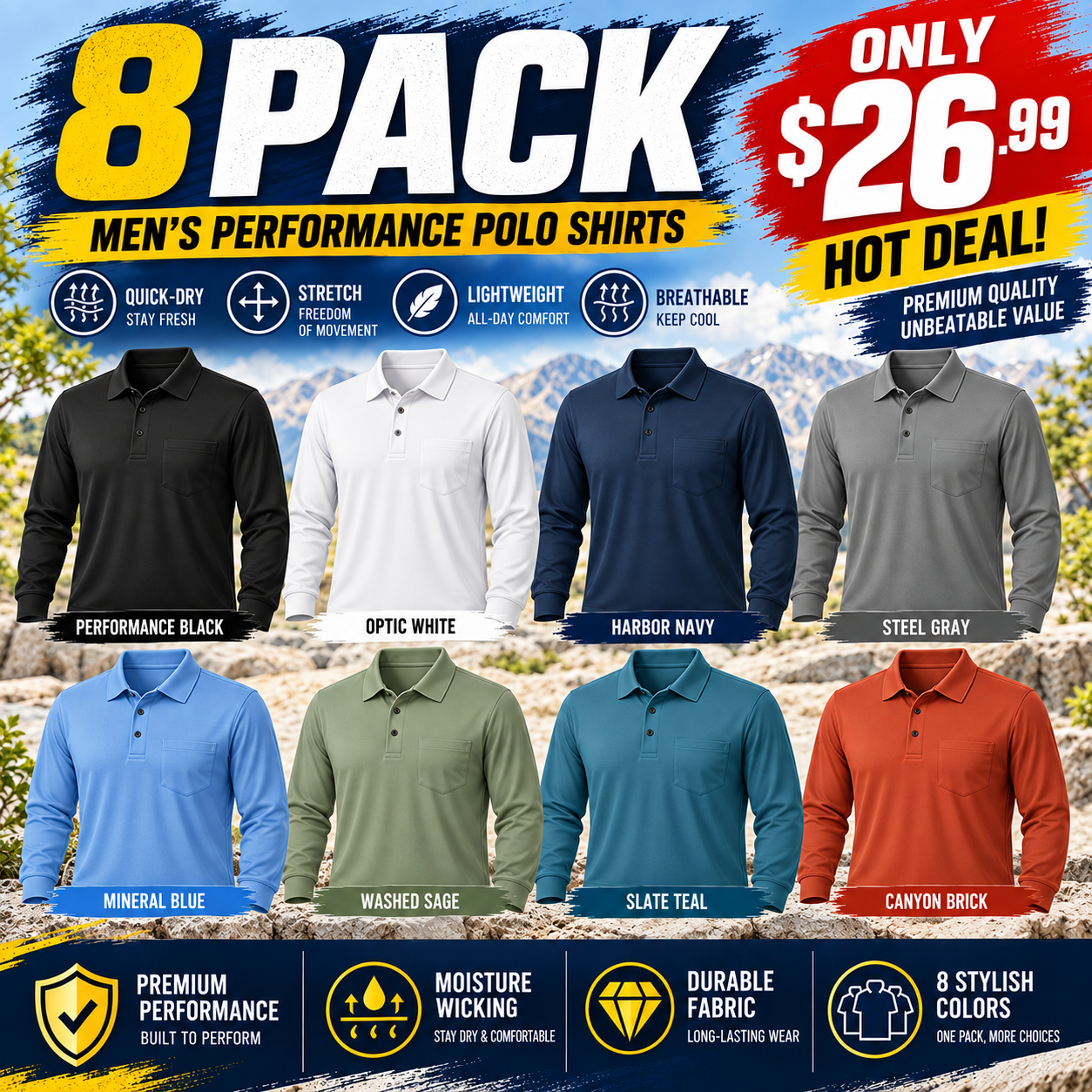 Limited Deal 8-Pack Men's Performance Pocket Polo Shirts, Breathable Stretch 3-Button Short Sleeve Golf Fit