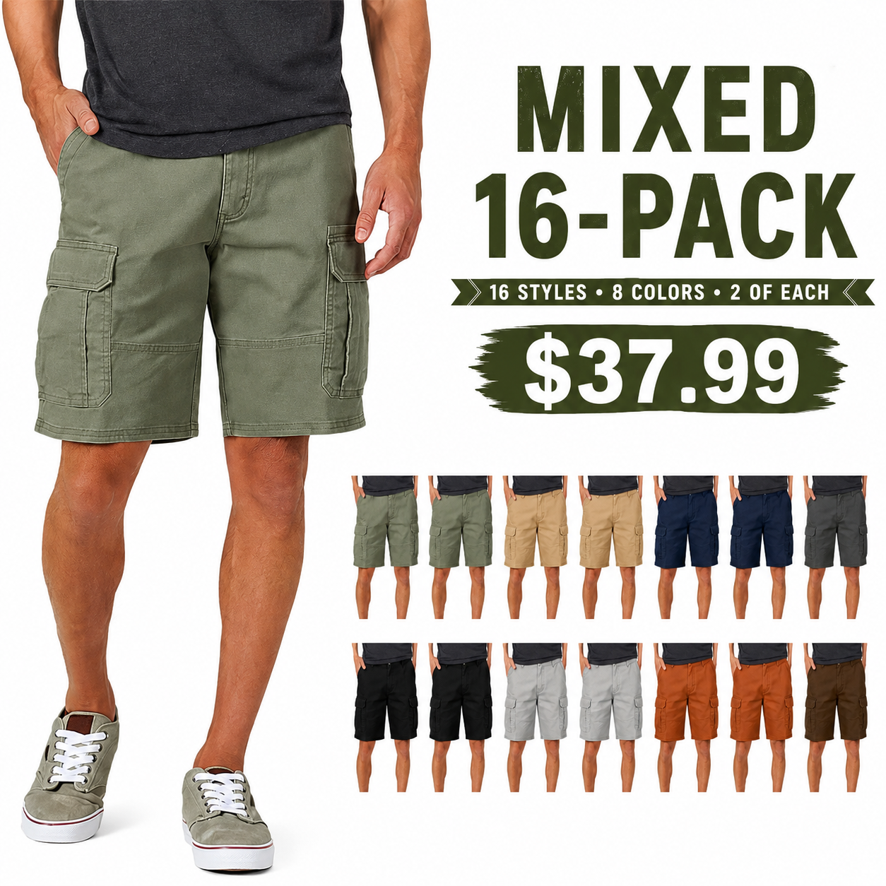 Men’s Lightweight Cargo Shorts 8-Pack – Mixed Color Utility Shorts