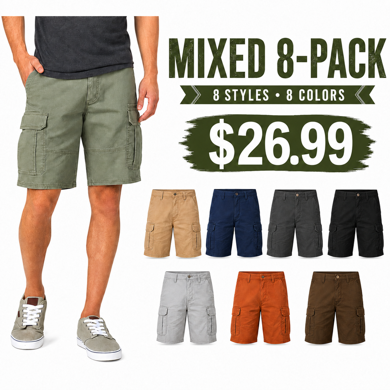 Men’s Lightweight Cargo Shorts 8-Pack – Mixed Color Utility Shorts